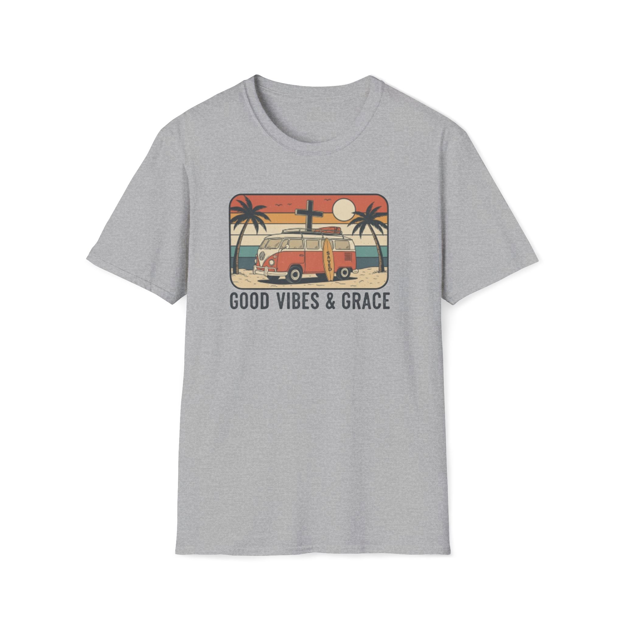 Good Vibes & Grace Van Surfing Sunset 70s Vibe T-Shirt
