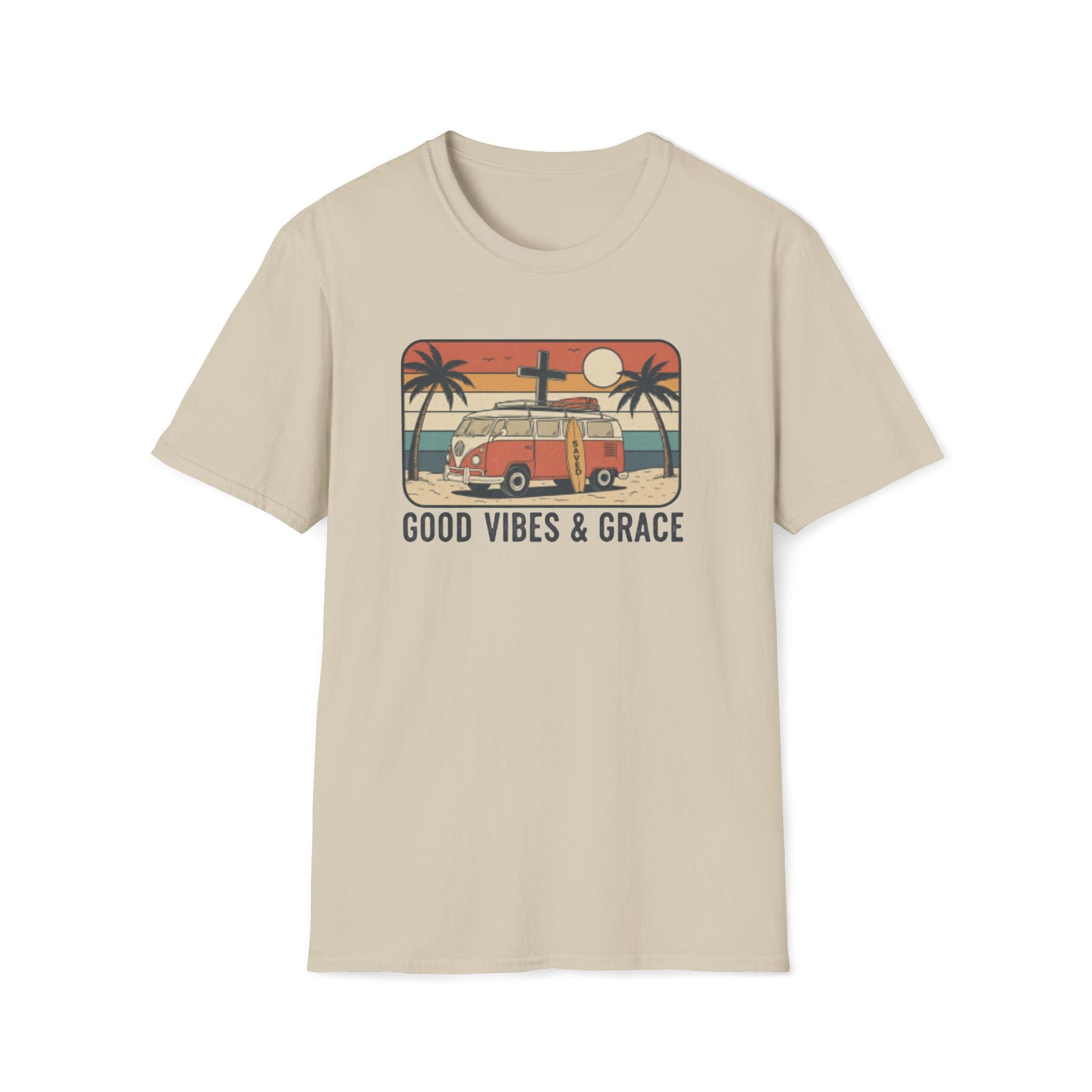 Good Vibes & Grace Van Surfing Sunset 70s Vibe T-Shirt