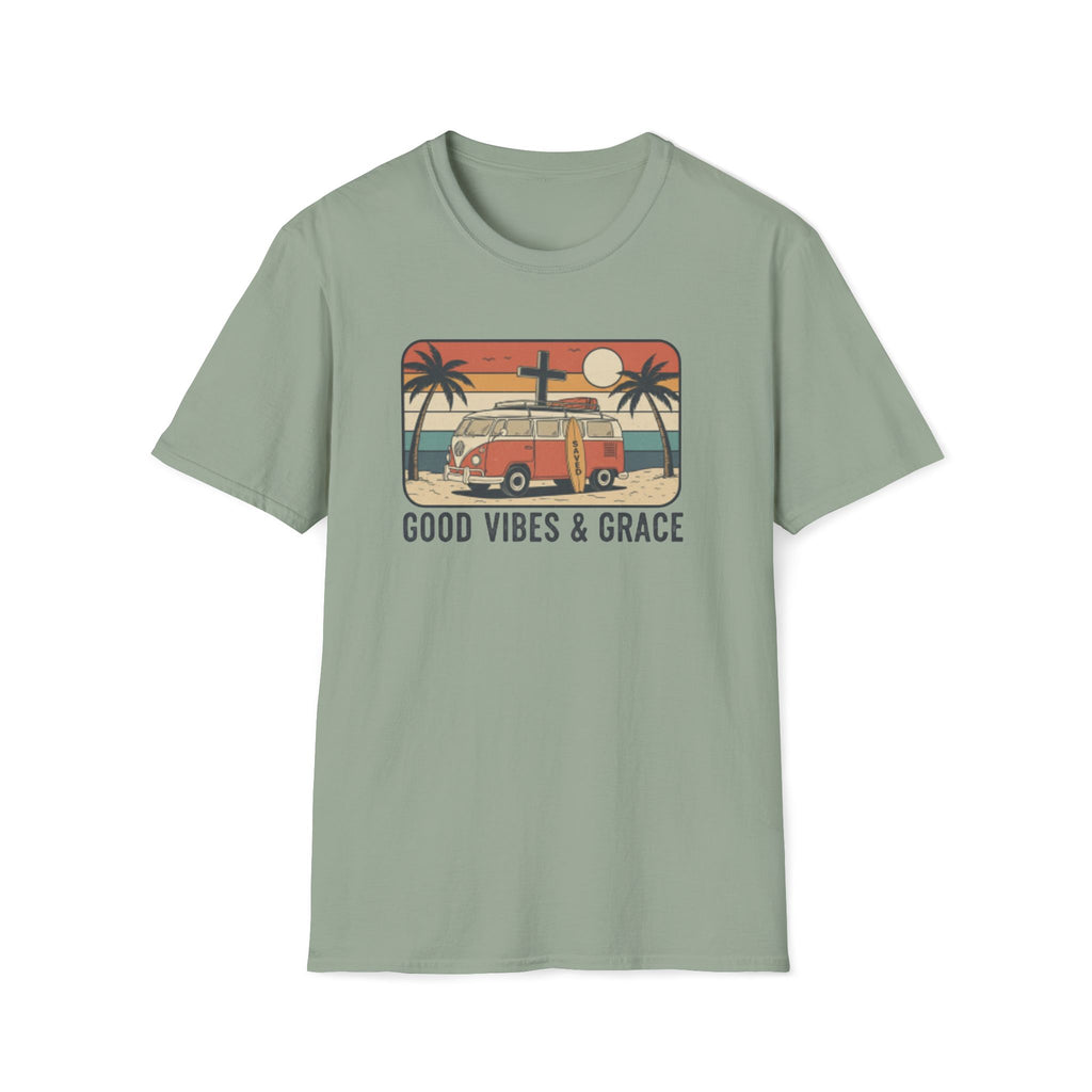 Good Vibes & Grace Van Surfing Sunset 70s Vibe T-Shirt