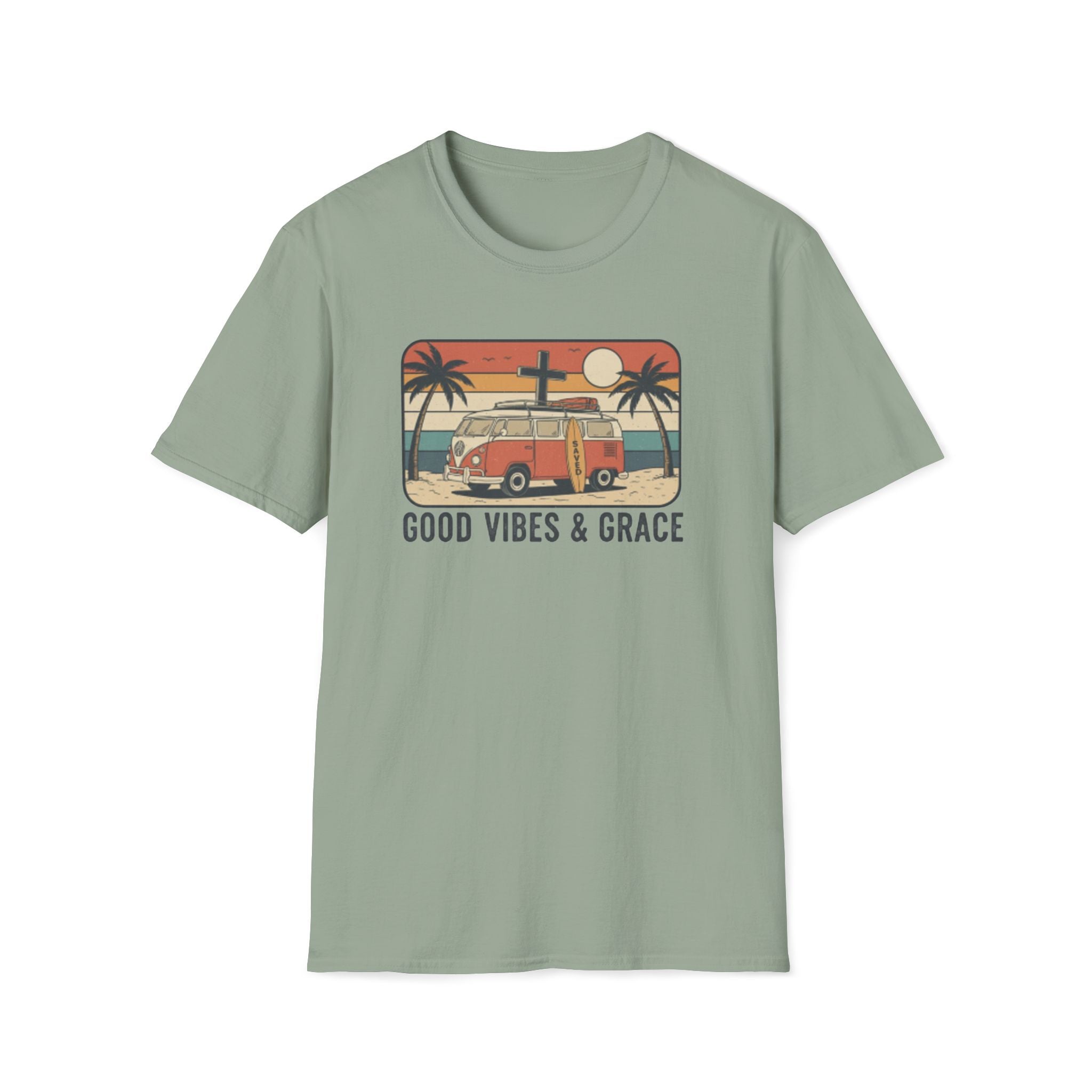 Good Vibes & Grace Van Surfing Sunset 70s Vibe T-Shirt