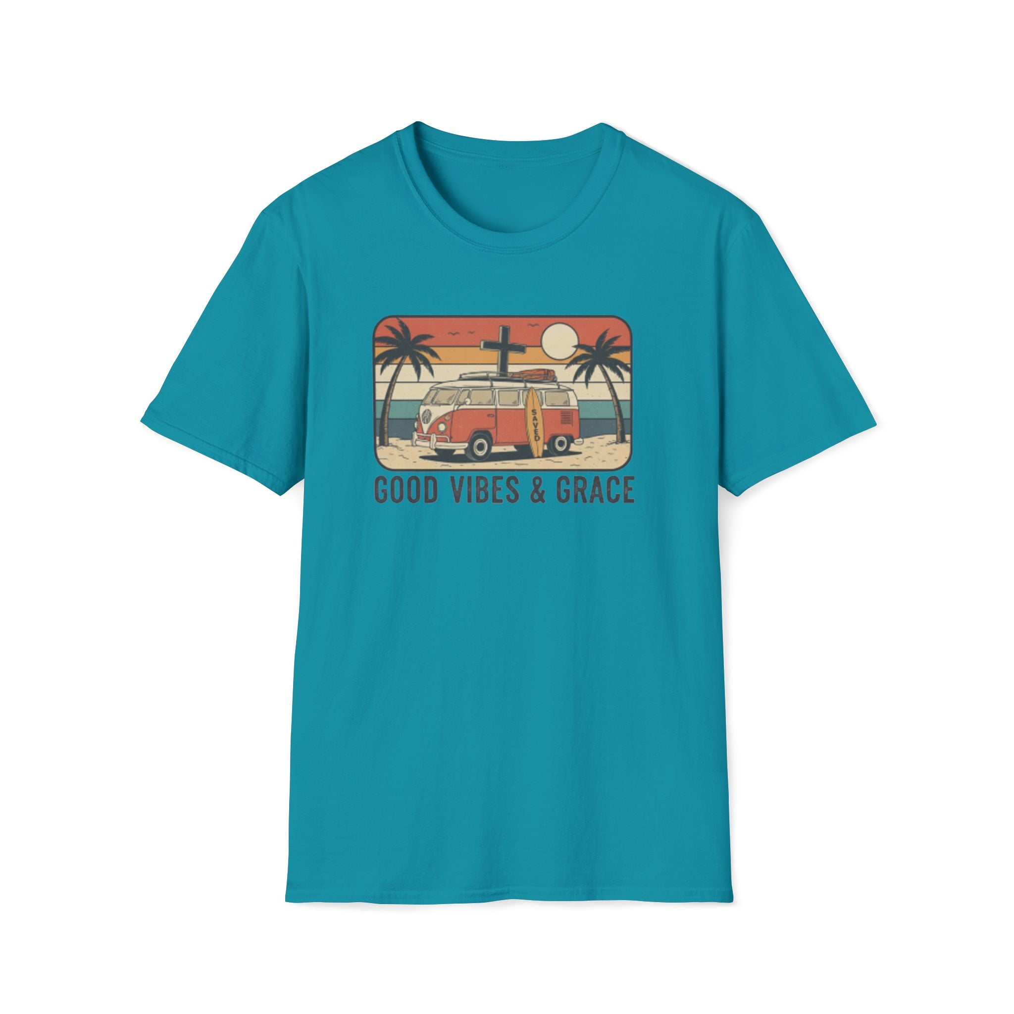 Good Vibes & Grace Van Surfing Sunset 70s Vibe T-Shirt