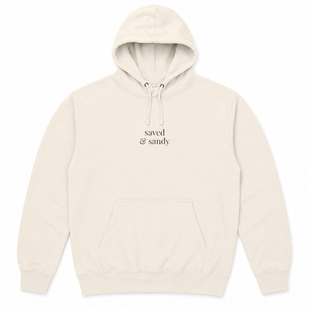Cream Saved and Sandy pullover hoodie with small center chest embroidery