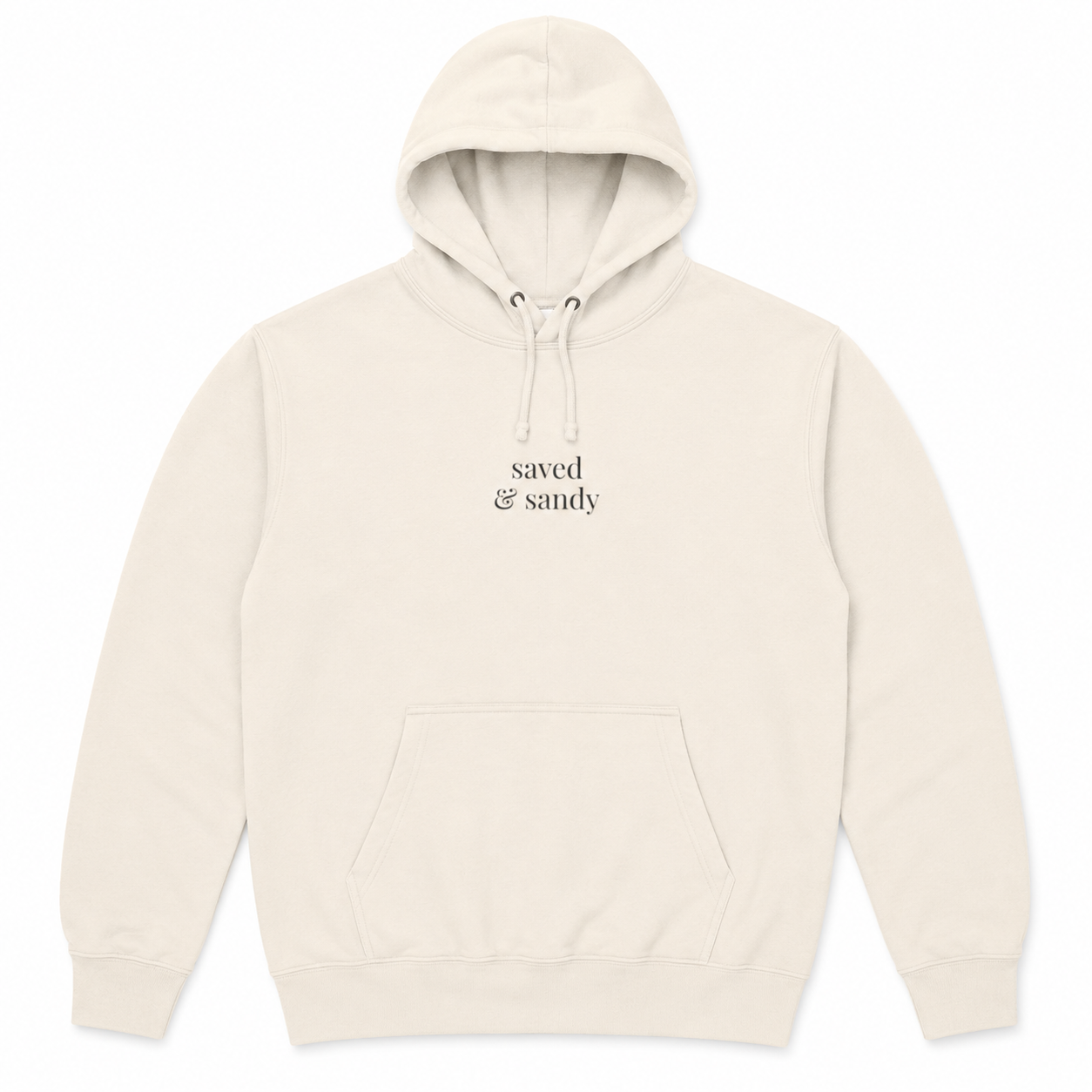 Cream Saved and Sandy pullover hoodie with small center chest embroidery
