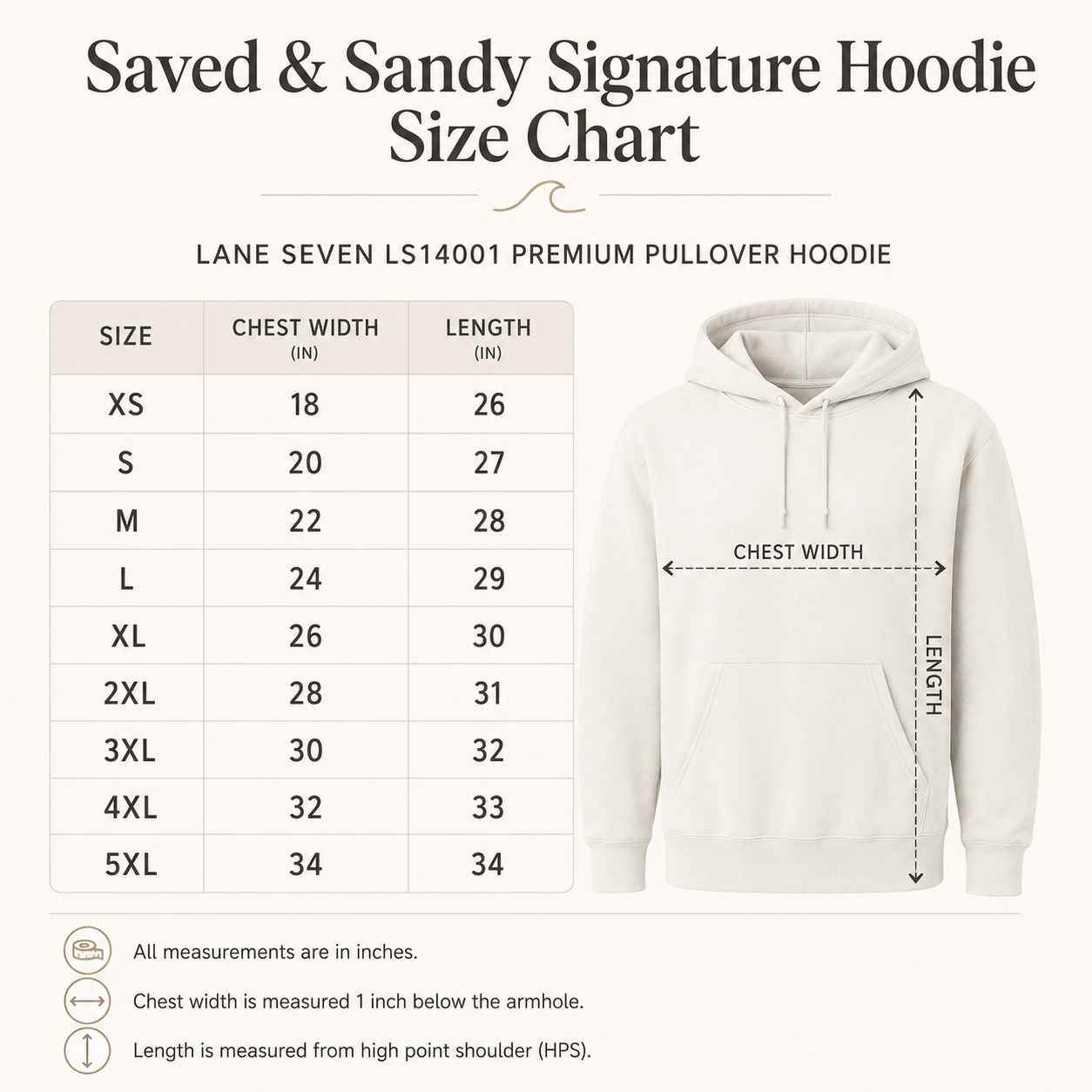 Lane Seven LS14001 Saved and Sandy hoodie size chart