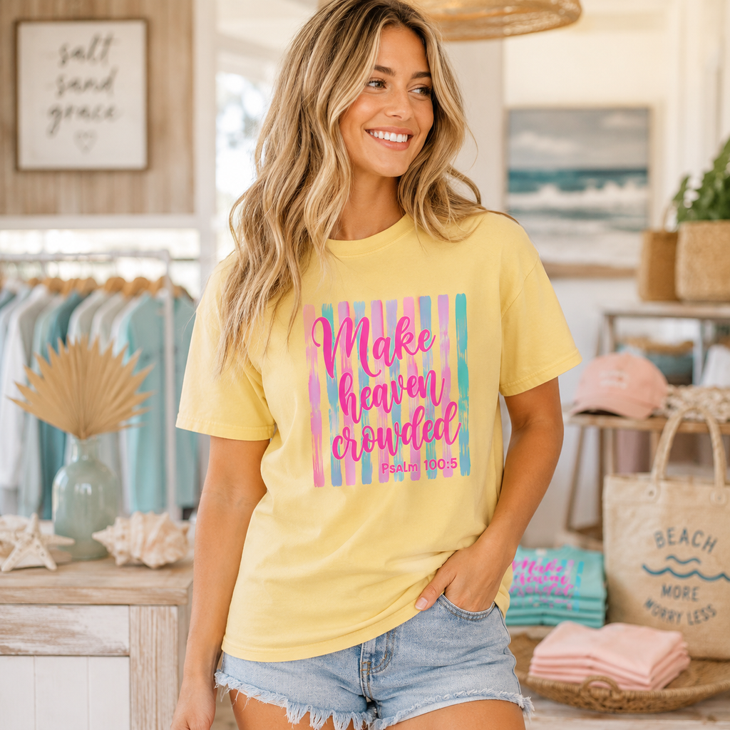 Woman wearing a Butter Make Heaven Crowded Christian Comfort Colors shirt